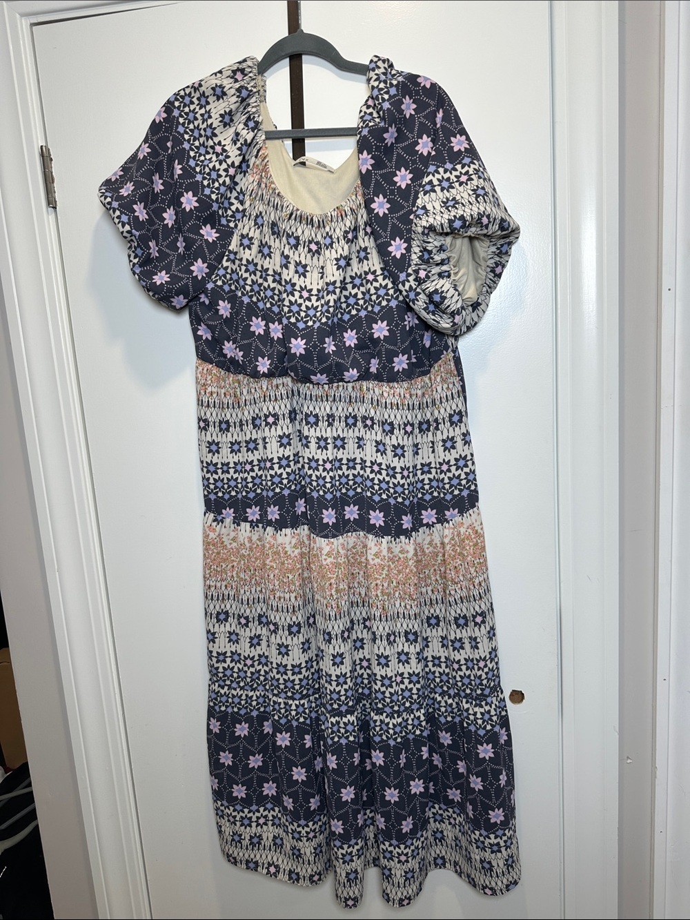 Dex Navy, Cream and Lavender Patterned Maxi Dress (61)